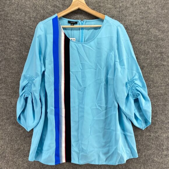 New Alfani Blouse Women 1X Plus Blue Striped Zipper 3/4 Sleeve Round Neck Casual - Picture 4 of 10